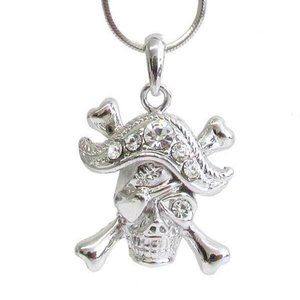 Pirate Skull Necklace Rhinestone Silver Plated
